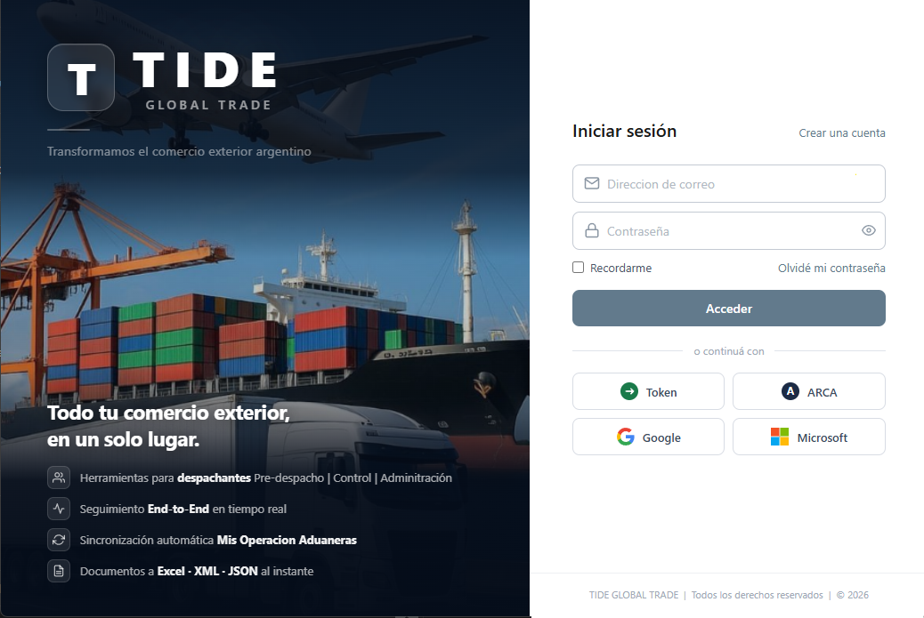 TIDE Global Trade login screen with multiple access methods
